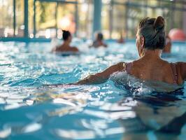 Active mature women enjoying aqua gym class in a pool photo
