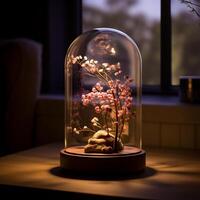 a glass dome with a candle inside on a table photo
