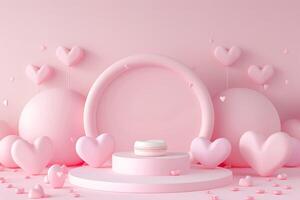 3d render minimal sweet scene with display podium for mock up and product brand presentation. Pink Pedestal stand for Valentine's Day's theme. Cute lovely heart background. Love day's design style photo