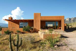 Adobe house, single-story house made of sun-dried clay bricks photo
