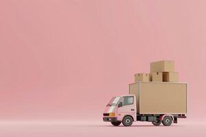3d render of brown cardboard boxes parcel with truck for mock up and creative design. Shopping online concept. Online delivery concept with pastel background photo