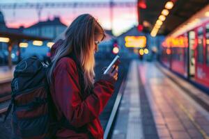 A Young woman standing on the platform of a train station consulting the mobile phone photo