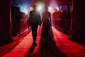 Back silhouette view of a couple of stars in gorgeous evening gowns and suit walking on the red carpet posing for awards ceremony. photo