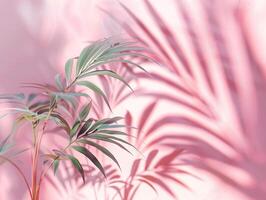 A pink wall with a plant in the foreground and a shadow of the plant on the wall photo