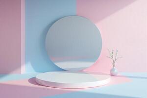 3d render abstract display podium platform for product presentation and advertising. Minimal scene backdrop with clean design. Vacant pedestal for mock up. Empty stage with pastel color for cosmetic photo