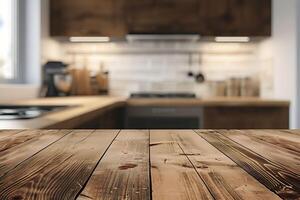 Empty rustic wooden tabletop with blurred modern kitchen background, perfect for product placement or food display. Concept of home, cooking, and design. photo