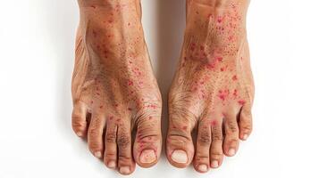 Close-up of feet with red spots on white background photo