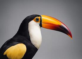 A toucan, a tropical bird with a large, colorful beak, is perched against a gray background photo