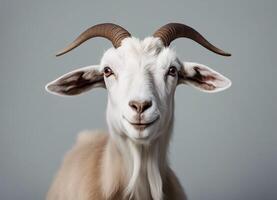 Headshot of a white goat with long horns and a gentle expression, set against a grey background photo