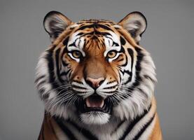 Headshot of a majestic tiger with a wide grin, showcasing its sharp teeth and vibrant orange fur photo