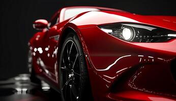 Close-up of a red sports car with sleek headlights and black alloy wheels photo