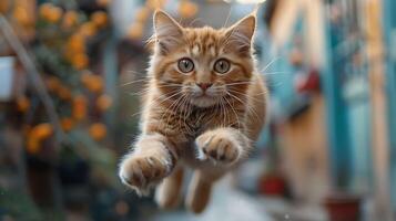 A ginger cat leaps towards the camera with a surprised expression photo