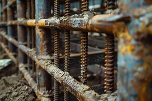 Close-up of rusty rebar grid in concrete formwork photo