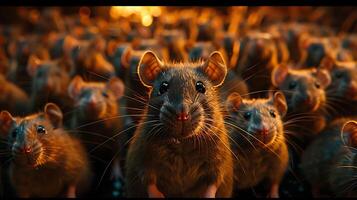 A close-up photo of a group of rats with one in the foreground looking directly at the camera with a curious expression. Warm lighting and shallow depth of field create a dramatic effect