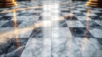 Checkerboard marble floor with light reflecting on the surface, creating a luxurious and elegant feel. photo