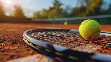 A tennis ball rests on a racket on a clay court bathed in warm sunlight photo