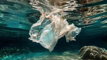 Plastic bag waste floats underwater, illuminated by sunlight filtering through the surface photo