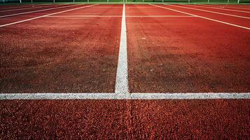 A red running track with white lane markings. The track is made of a rubberized material and is used for athletic competitions photo