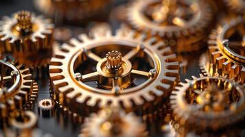A close-up image of intricately designed golden gears interlocked and moving in perfect harmony photo