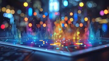 A close-up of a tablet device with colorful data visualizations displayed on the screen photo