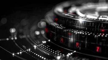 A close-up view of a futuristic technological interface, showcasing a black and white design with red highlights photo