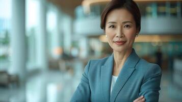 A woman in a blue suit stands confidently in a modern office building, her gaze directed at the camera photo