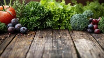 A close-up image of fresh vegetables and berries arranged on a rustic wooden tabletop photo