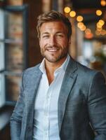 A man in a grey suit smiles confidently while standing in a well-lit, urban setting photo