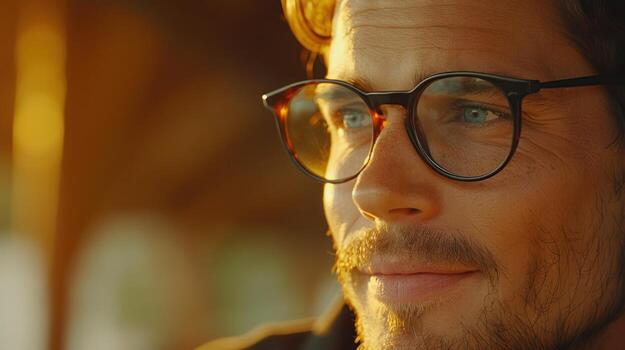 A close-up portrait of a man with a soft expression, illuminated by the warm glow of the setting sun photo