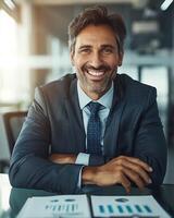 A businessman in a suit sits at his desk with his arms crossed, smiling warmly at the camera photo