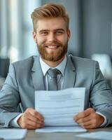 A young man in a suit smiles as he reviews paperwork at his desk photo
