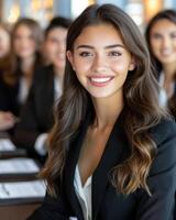 A young woman in a black blazer smiles confidently as she sits in a meeting with other professionals photo