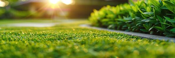 Close-up shot of a verdant lawn bathed in warm, golden sunlight photo
