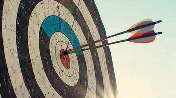 Three arrows, each with unique fletching, pierce a well-used archery target photo