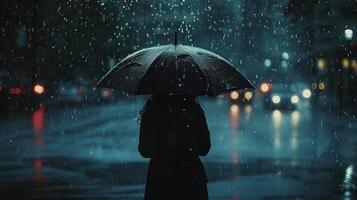 A lone person stands in the rain, holding a black umbrella, with blurred city lights in the background photo