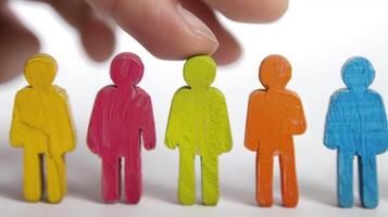 Diversity, equity and inclusion concept. DEIB. Finger Selecting a Green Figurine From a Row photo