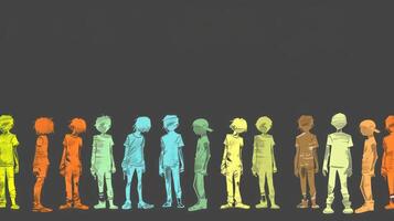 Diversity, equity and inclusion concept. DEIB. Colorful Characters Standing on Black Background photo