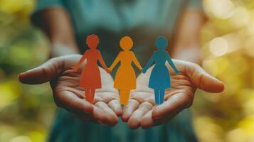 Diversity, equity and inclusion concept. DEIB. Three Paper Dolls Held in Hands photo