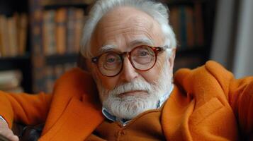 A close-up portrait of an elderly man with a warm expression, captured in a moment of contemplation photo