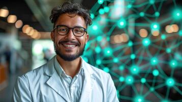 A smiling man in a lab coat looks confidently at the camera with a glowing network of data behind him photo