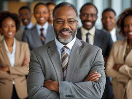 A businessman with a confident smile stands with arms crossed in front of a diverse team of colleagues photo
