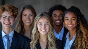 Five students in suits stand together, smiling for a photo