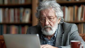 A senior man wearing glasses and a grey jacket sits in a library setting, using a laptop photo