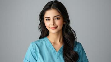 A young woman with long black hair smiles at the camera while wearing a blue scrubs uniform against a gray background photo
