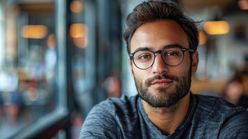 A young man wearing glasses looks directly at the camera inside a cafe photo