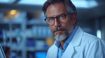 A male scientist in a lab coat looks intently at the camera photo