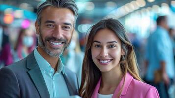 Smiling man and woman in business attire at a conference or networking event photo