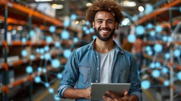 A warehouse worker smiles while using a tablet in front of shelves photo