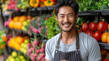 A man in an apron stands in front of shelves full of fresh produce, smiling at the camera photo