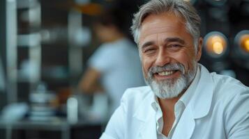 A man in his 60s smiles warmly as he works in a professional setting photo